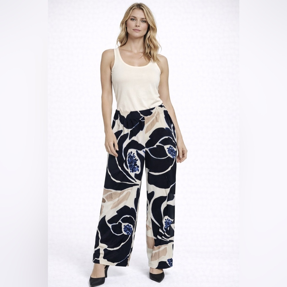 Chico's Floral Wide Leg Pants - Navy, Beige, and White - Picture 10 of 11